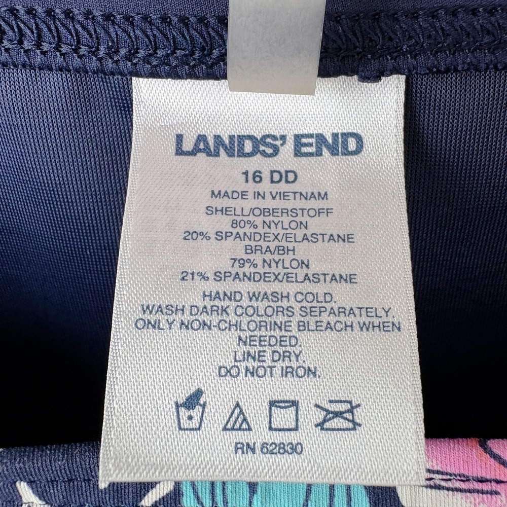 Lands End High Neck Tankini Top 16DD Navy Blue Floral Swim Modest‎ Built-in Bra - Picture 2 of 8